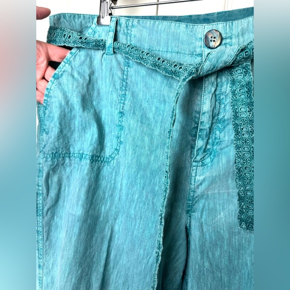 SOFT SURROUNDINGS Tea Party Crip Pants Tidal Wave Teal Turquoise Linen Belted - Picture 6 of 12